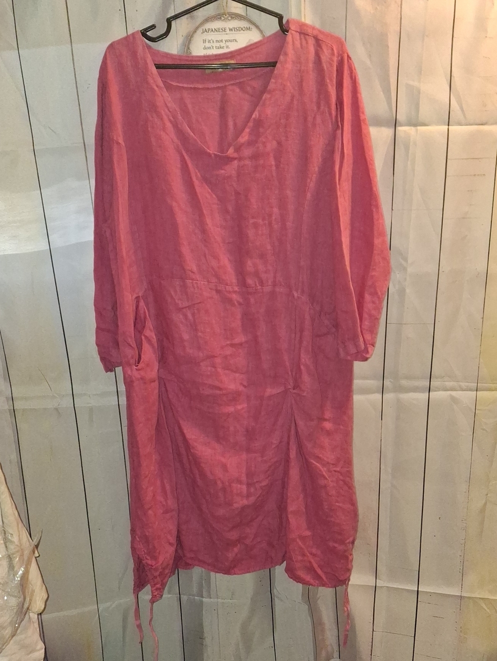 Women's Pink Linen V-Neck Tunic Dress